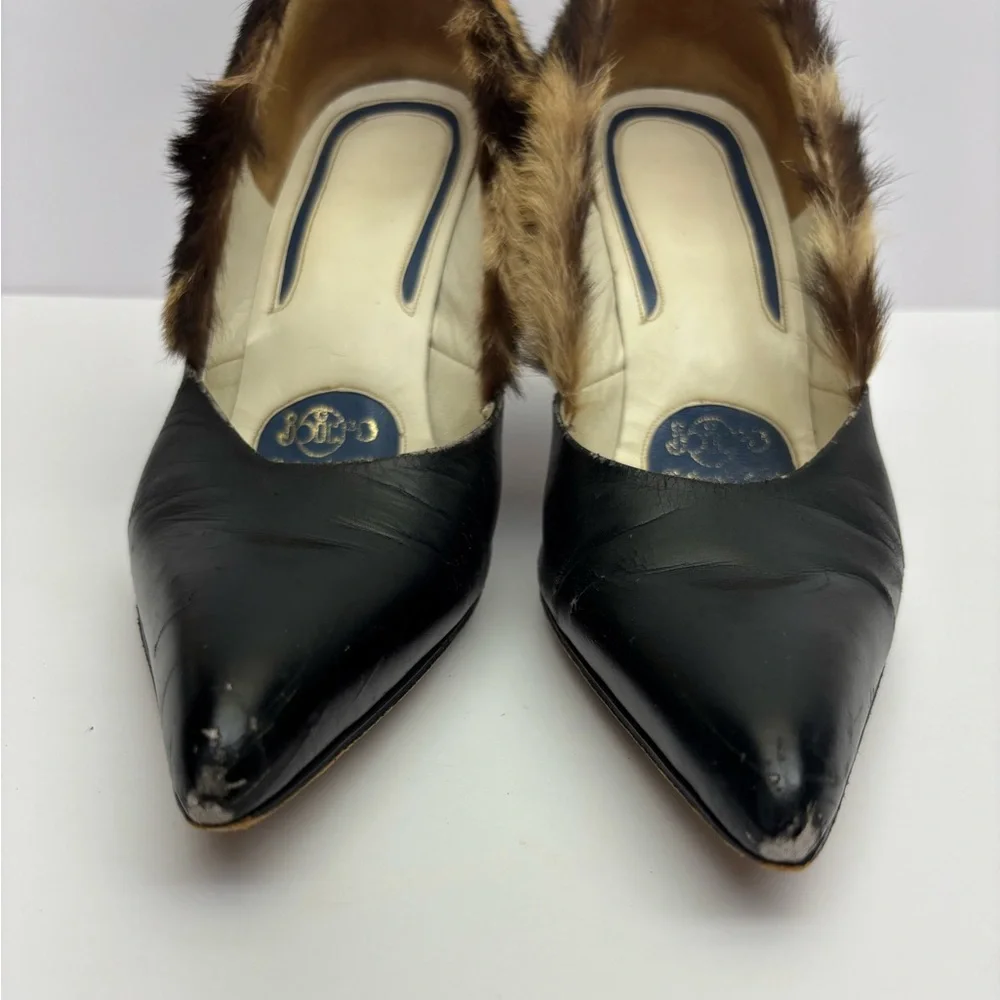 Black Leather Pumps with Leopard Fur Trim, SZ 8, box 29 - Picture 3 of 12